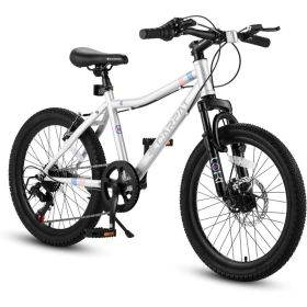 S20101 20 Inch Kids' Bike, Boys Girls Mountain Bike Ages 6-12, 7 Speed Teenager Children Kids' Bicycles, Front Suspension Disc Brake Rear V-Brake (Option: White)