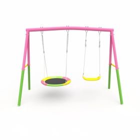 Swing Set For Backyard, 330lbs Swing Set With Heavy-Duty A-Frame Metal Outdoor Swing Stand, 1 Saucer Swing Seat & 1 Belt Swings Seat (Option: Pink)