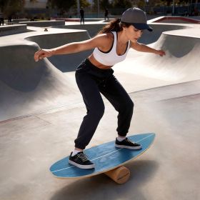 Wooden Balancing Board with Cork Roller and Storage Rack to Exercise (Color: Blue)