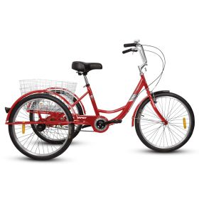 A24631 Adult Tricycles, 1 Speed Adult Trikes 24 inch 3 Wheel Bikes, Three-Wheeled Bicycles Cruise Trike with Shopping Basket for Seniors, Women, (Color: Red)