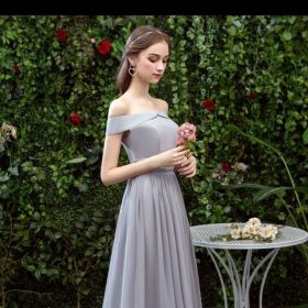 Bridesmaid Long Gray Bridesmaid Sisters Wedding Slimming Off-shoulder Banquet Dress (Option: Gray F-M)
